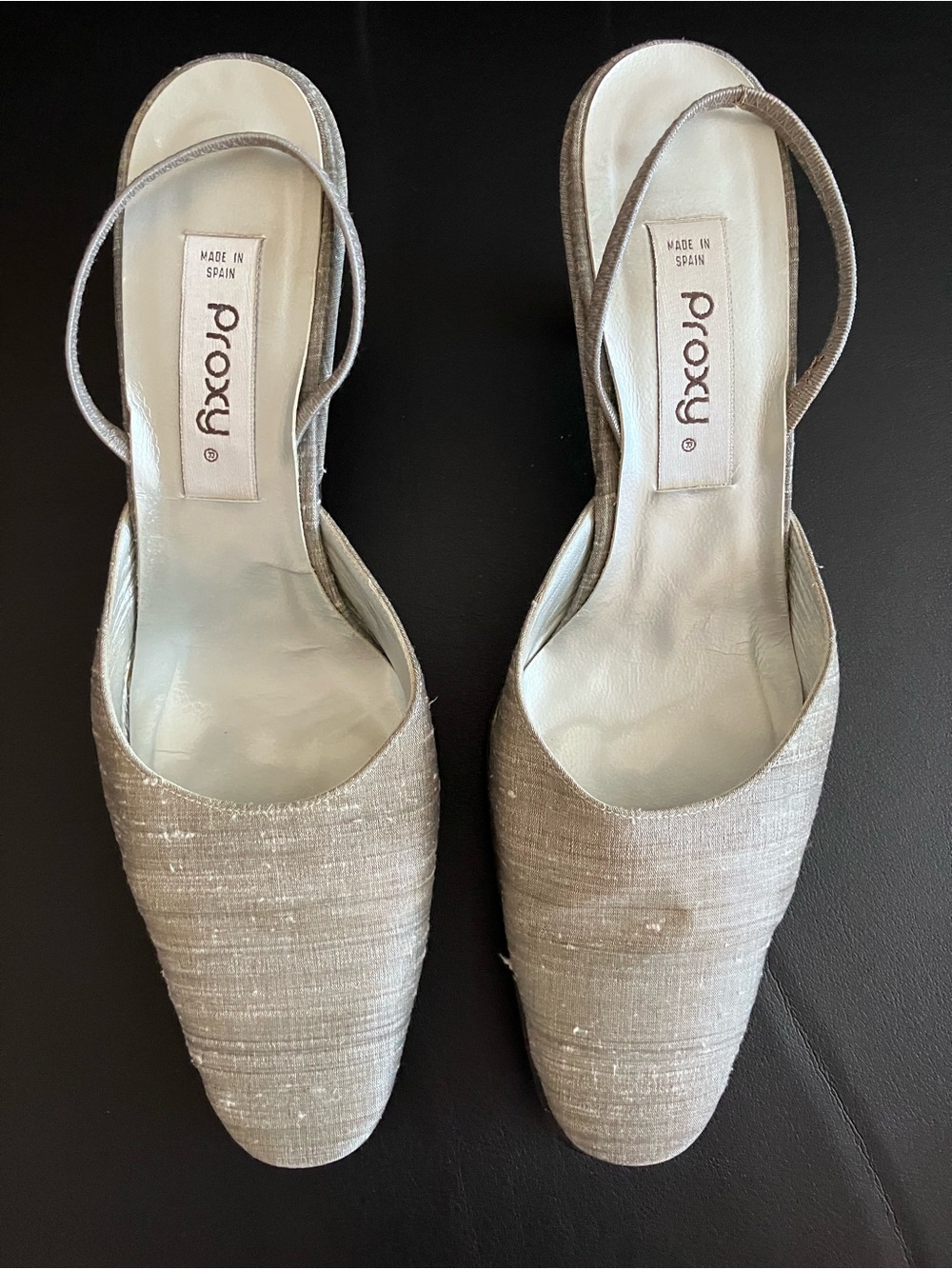 Womens Silver Proxy 1.5" Heels, Made in Spain, Size 10, Back Strap, Orig Owner